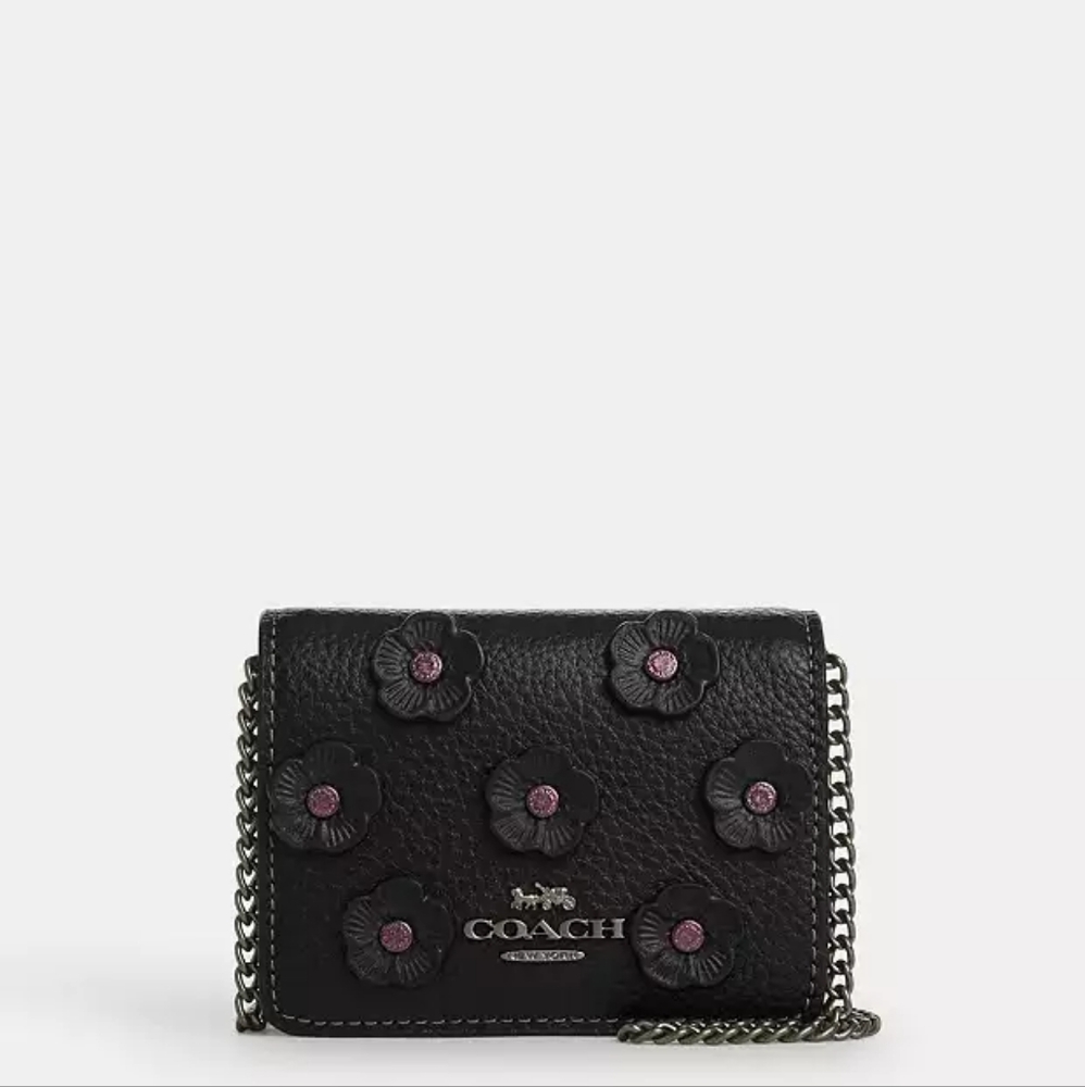 Coach Mini Wallet On A Chain With Floral Applique (Gun Metal Black) - Picture 2 of 9